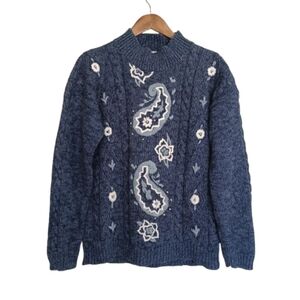 LORD ISAACS Women's Blue Embroidered Paisley Cable Knit Turtle Neck Sweater Top